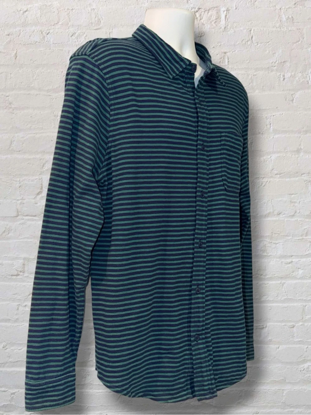 J.Crew Slub Cotton Stripe Button Front Shirt Men’s Large Blue Green Long Sleeve